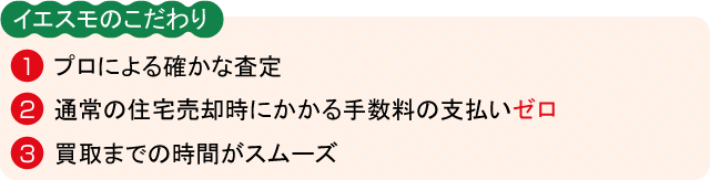 イエスモのこだわり 1 プロによる確かな査定 2 通常の住宅売却時にかかる手数料の支払いゼロ 3 買取までの時間がスムーズ